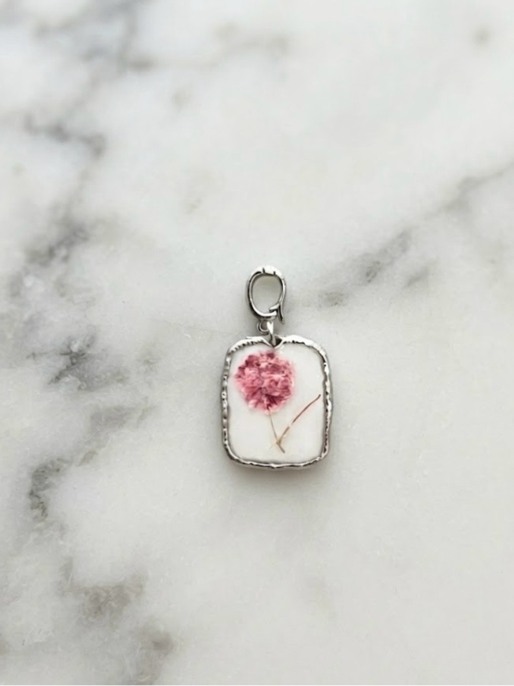 Pink Flower Resin Pendant Charm in Silver Frame